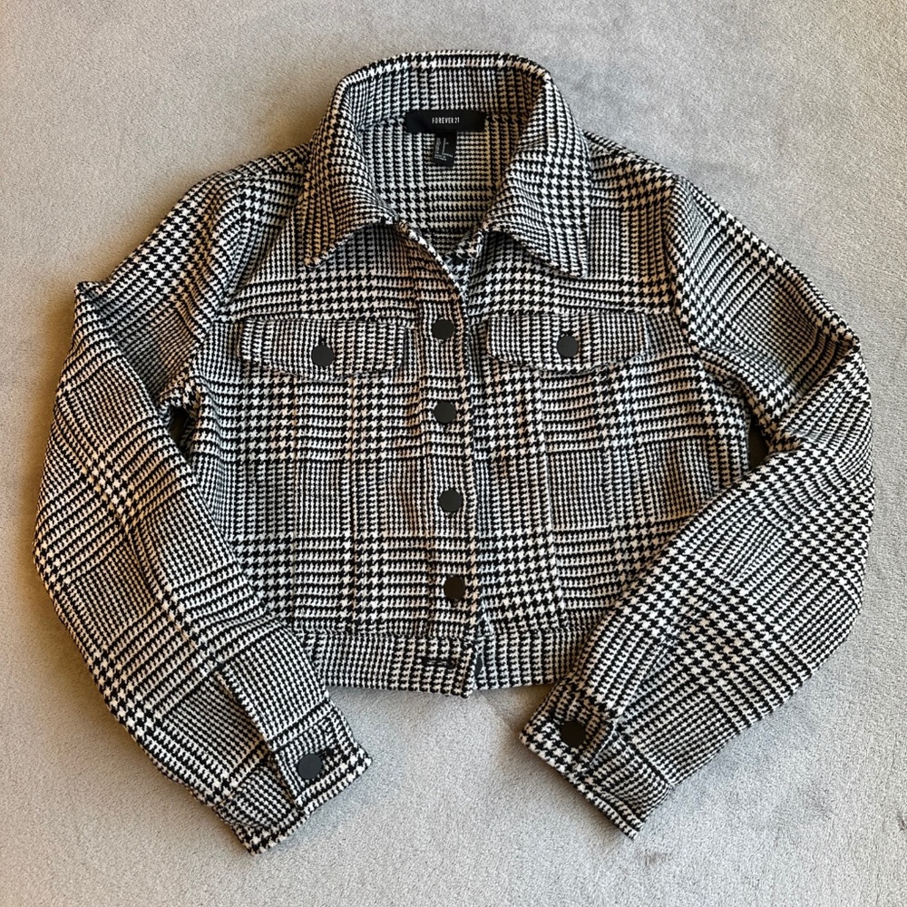 Cropped Plaid Jacket Small Black White Forever 21 Preppy Gossip Girl Y2K 90s